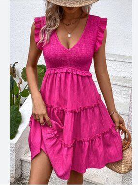 Ruched Top with Ruffle Sleeve Bottom has Girly Ruffles Layers Slim Waist Flowy